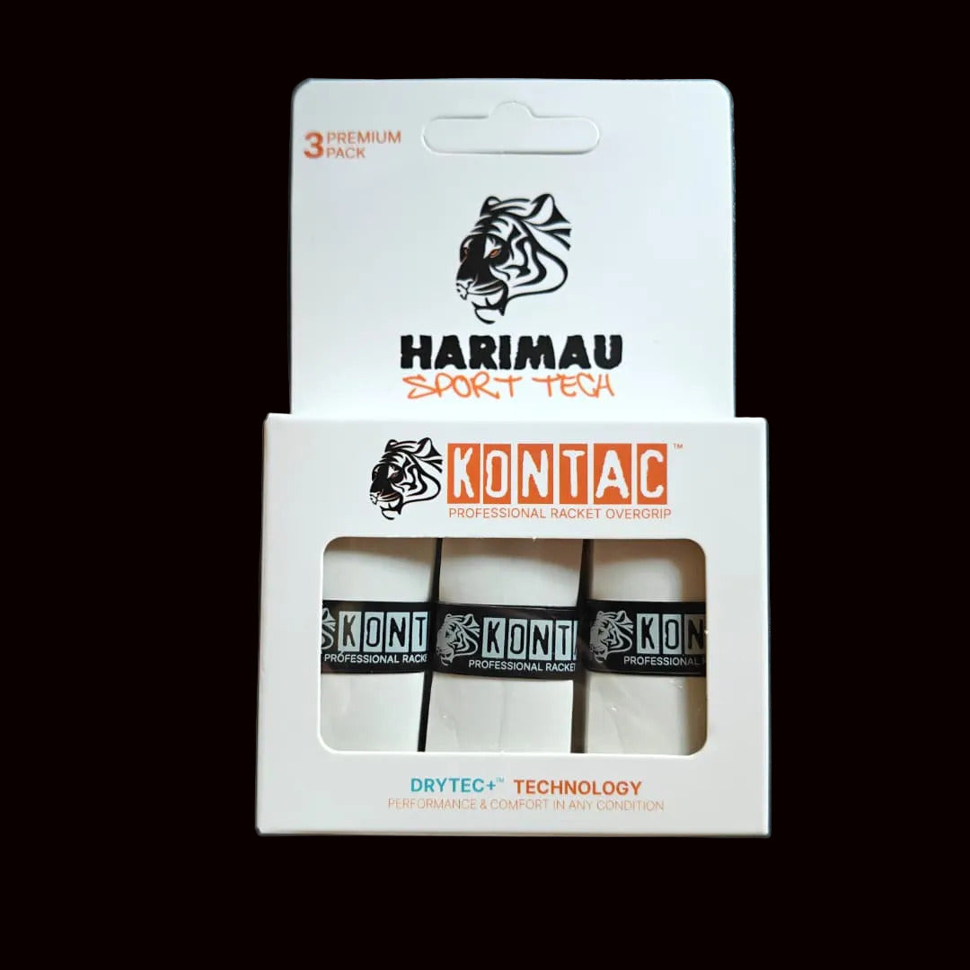 Kontac racket strings packaging with Harimau Sport Tech branding on a black background